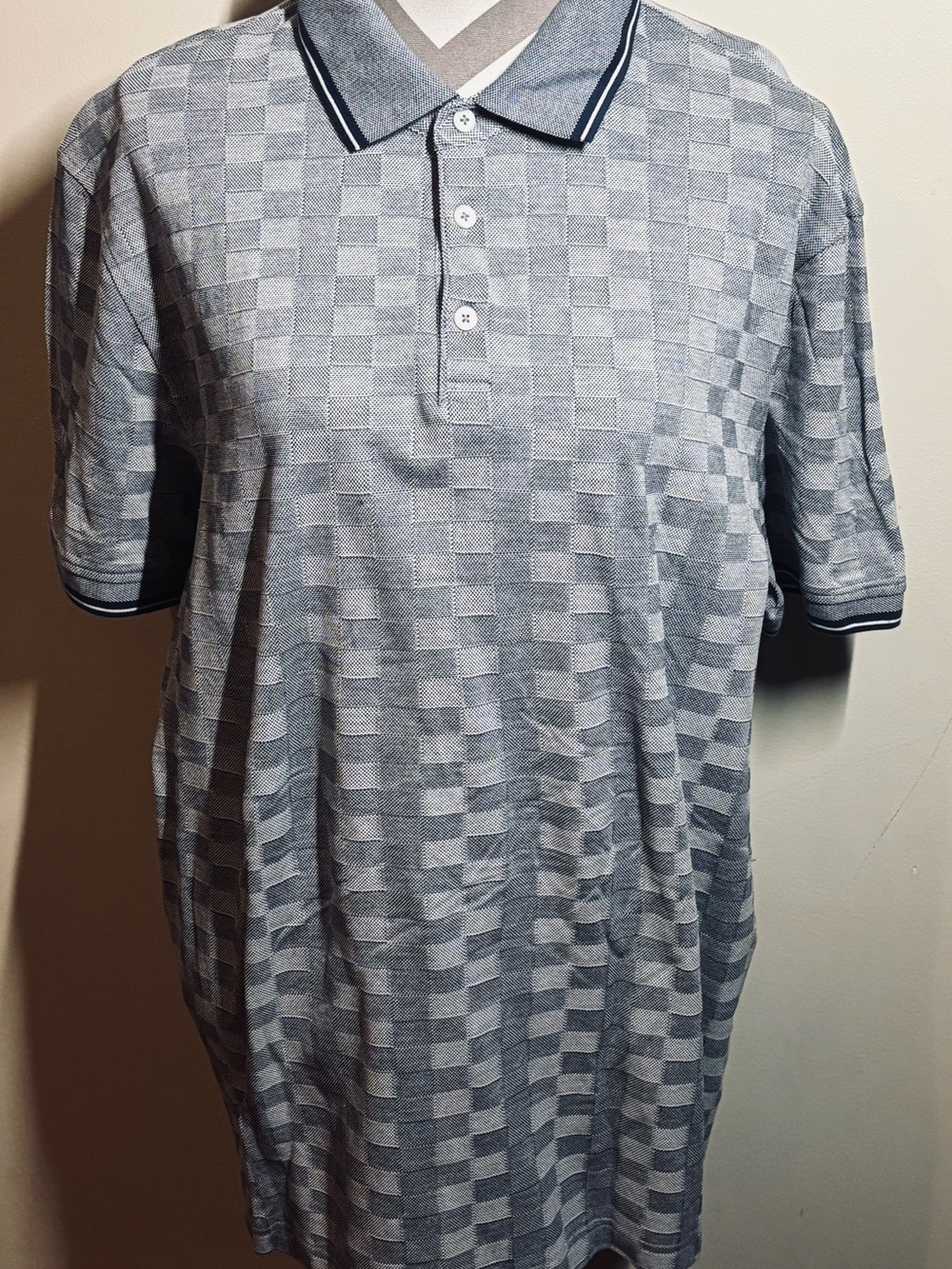 Bugatchi Gray Checkered Polo with Contrast-Trim Collar